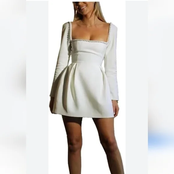 $485 Oddmuse London Elegant White Dress with Pearls, - Picture 5 of 9